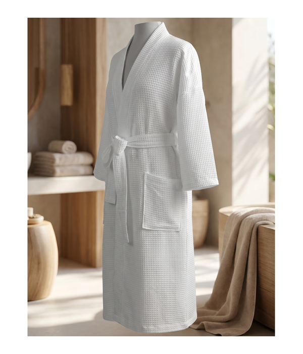 Bath Robe Waffle Deep Checks White