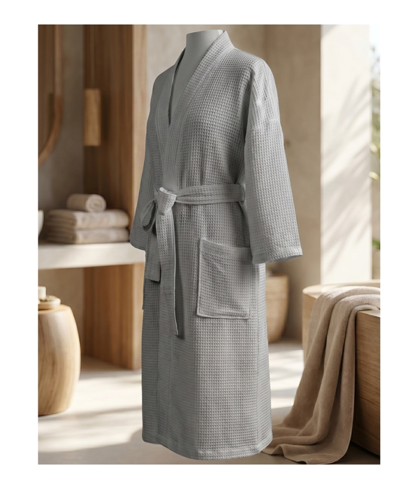 Bath Robe Waffle Deep Checks Grey