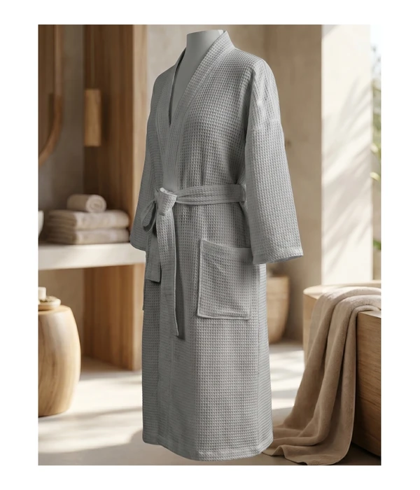 Bath Robe Waffle Deep Checks Grey